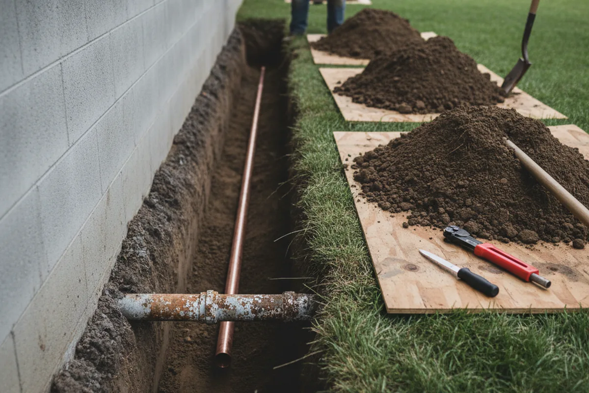 Excavated water line trench during Water Softener Installation in New Lothrop